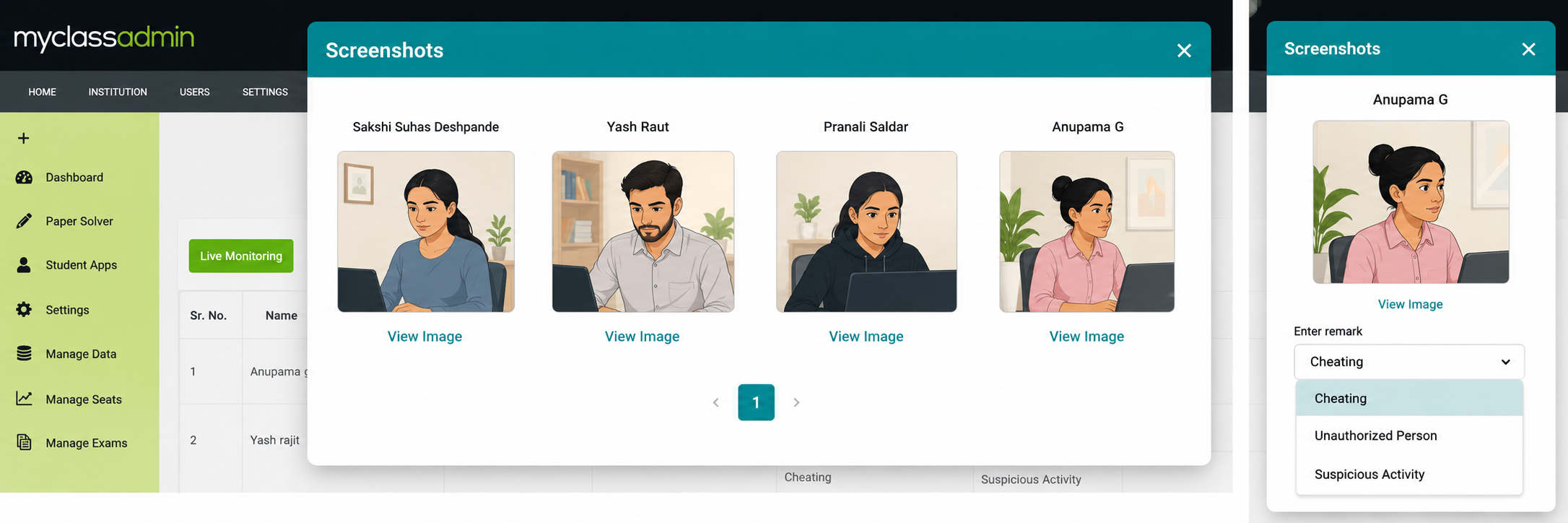 Illustrated preview of MyClassAdmin's admin monitoring panel showing student webcam snapshots and remark tagging