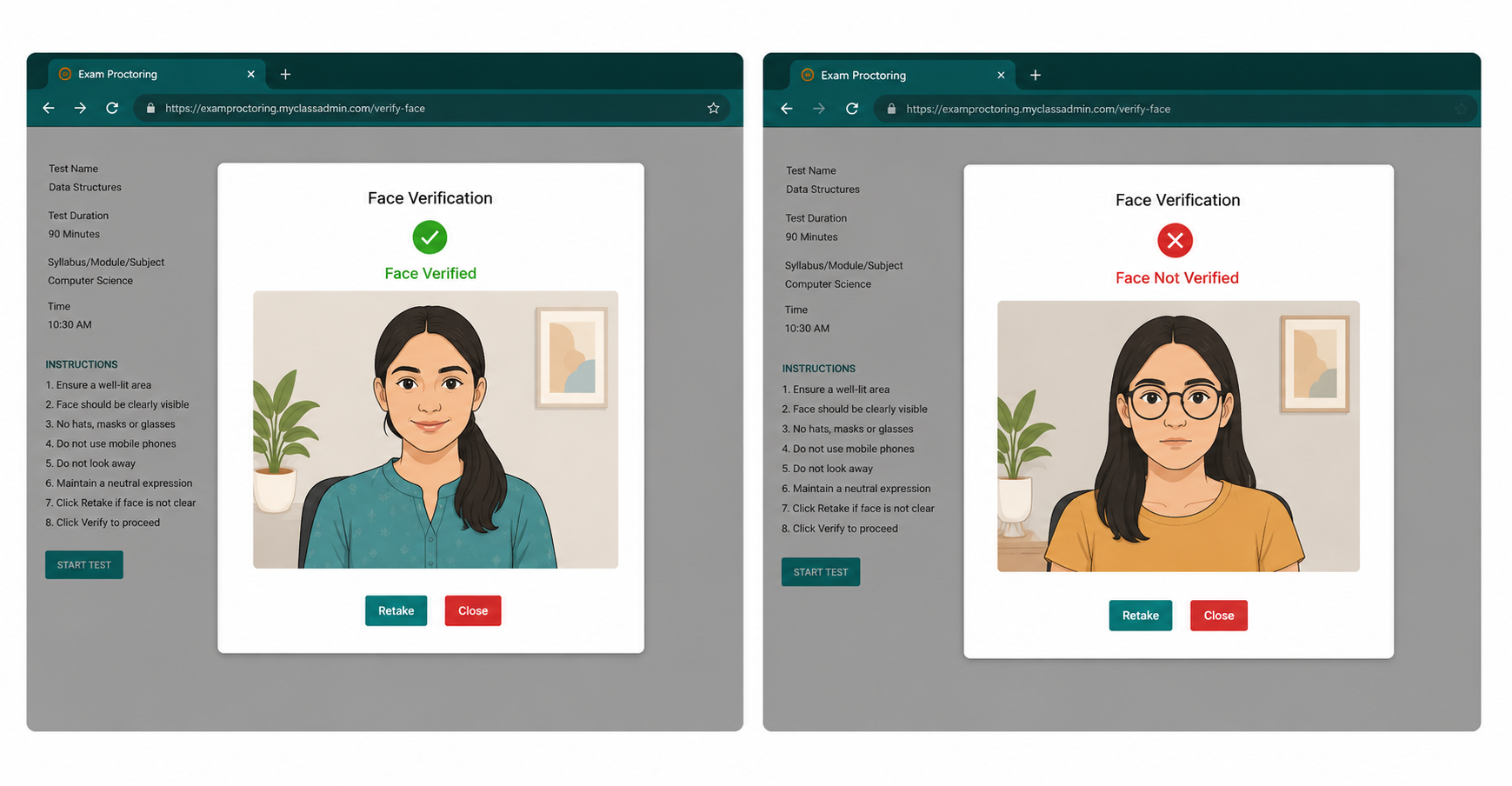 Illustrated preview of MyClassAdmin's AI proctoring face verification flow showing verified and not verified states