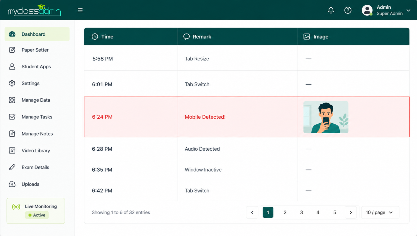Illustrated preview of an AI proctoring violation log showing a flagged mobile phone detection entry